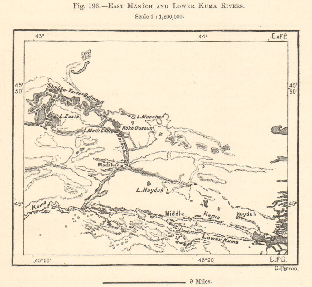 East Manych and Lower Kuma Rivers. Russia. Sketch map 1885 old antique